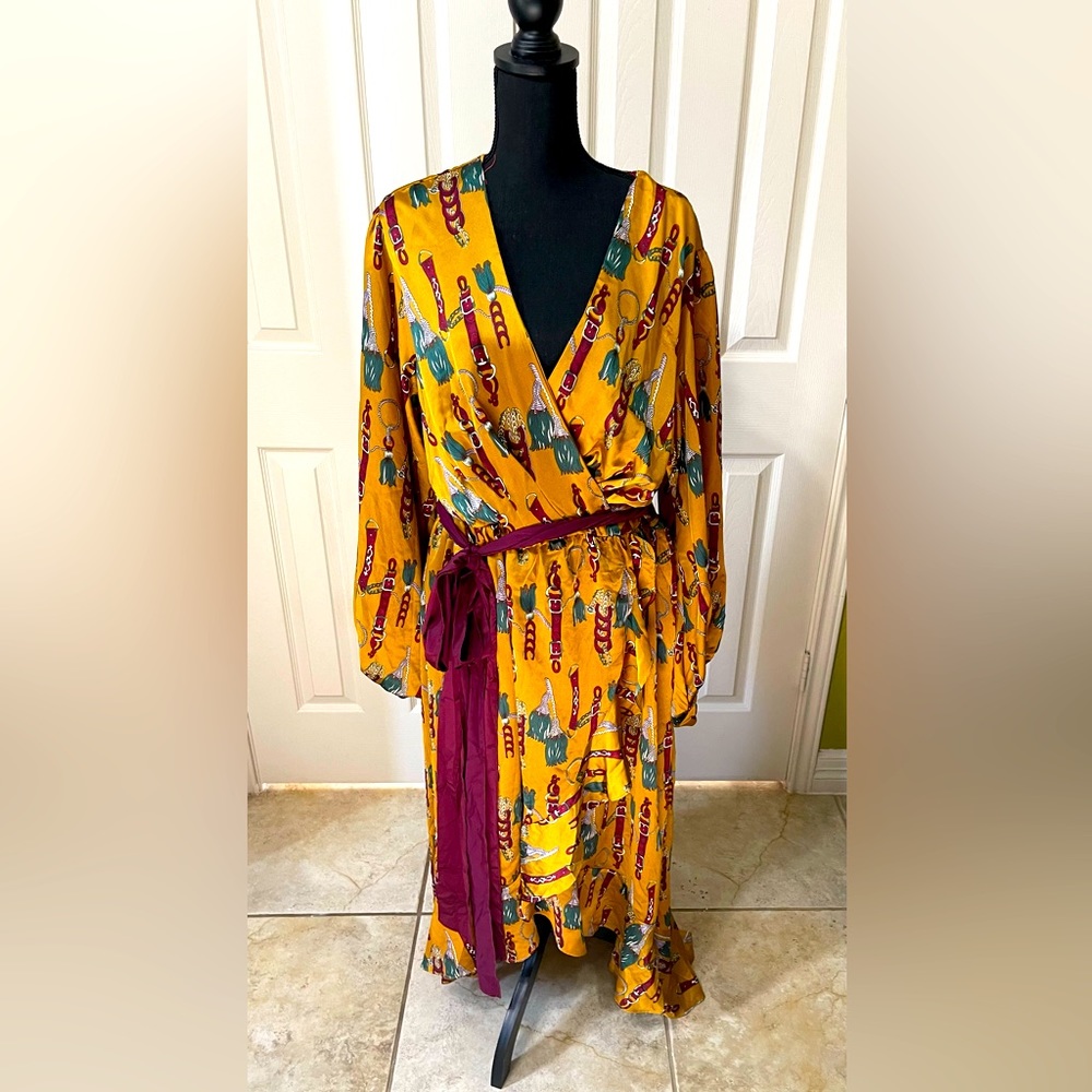 SEXY PRINTED HI-LOW DRESS WITH BELT- MUSTARD